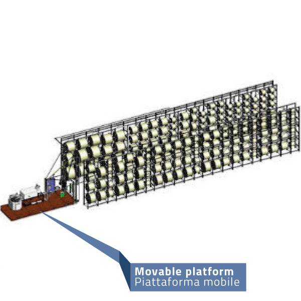 Speciale sistema reel rack rastrelliera porta bobine semi automatico con piattaforma mobile e linea per la lavorazione del cavo elettrico in bobina con macchina taglia e spela e matassatore cavi