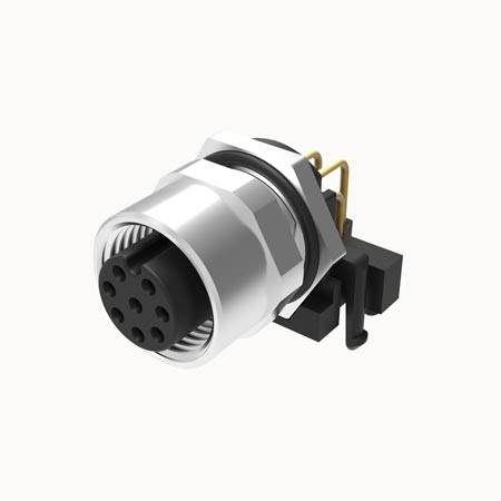 Connettore Femmina M12 | installazione a pannello montaggio posteriore | per circuito stampato | Ad angolo | Codifica A, B, D | Da 4, 5 e 8 poli