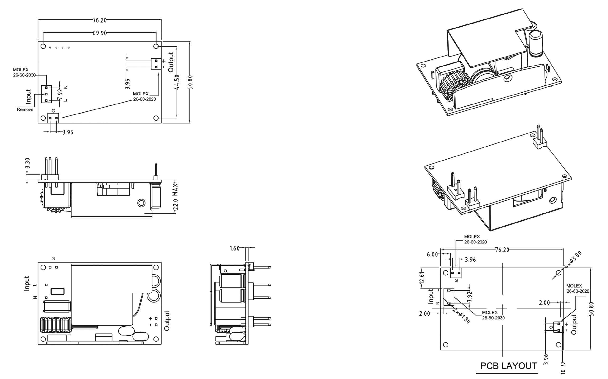 GlobTek GTM43007-AWWVV-F (D3 without standoffs) - Per installazione interna, versione Open Frame - 60 W - 5-48 V