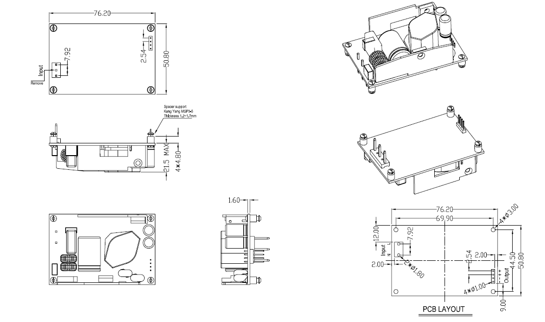 GlobTek GTM43007-AWWVV-FW (D2 with standoffs) - Per installazione interna, versione Open Frame - 60 W - 5-48 V