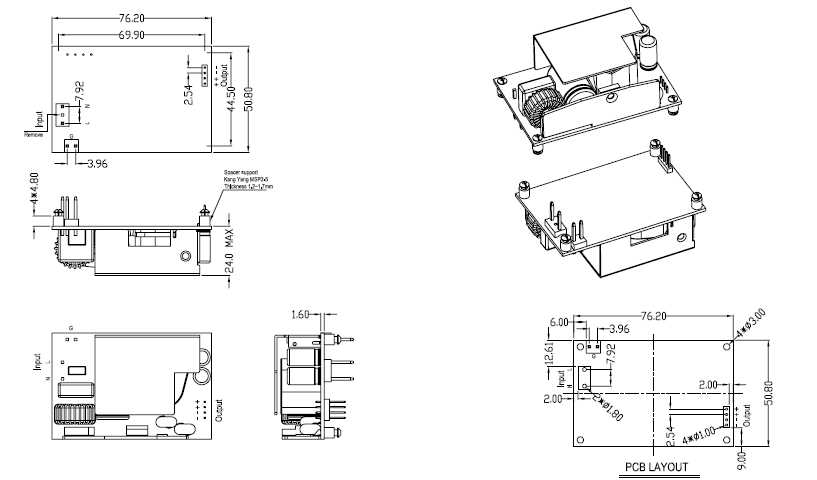 GlobTek GTM43007-AWWVV-F (D3 with standoffs) - Per installazione interna, versione Open Frame - 60 W - 5-48 V