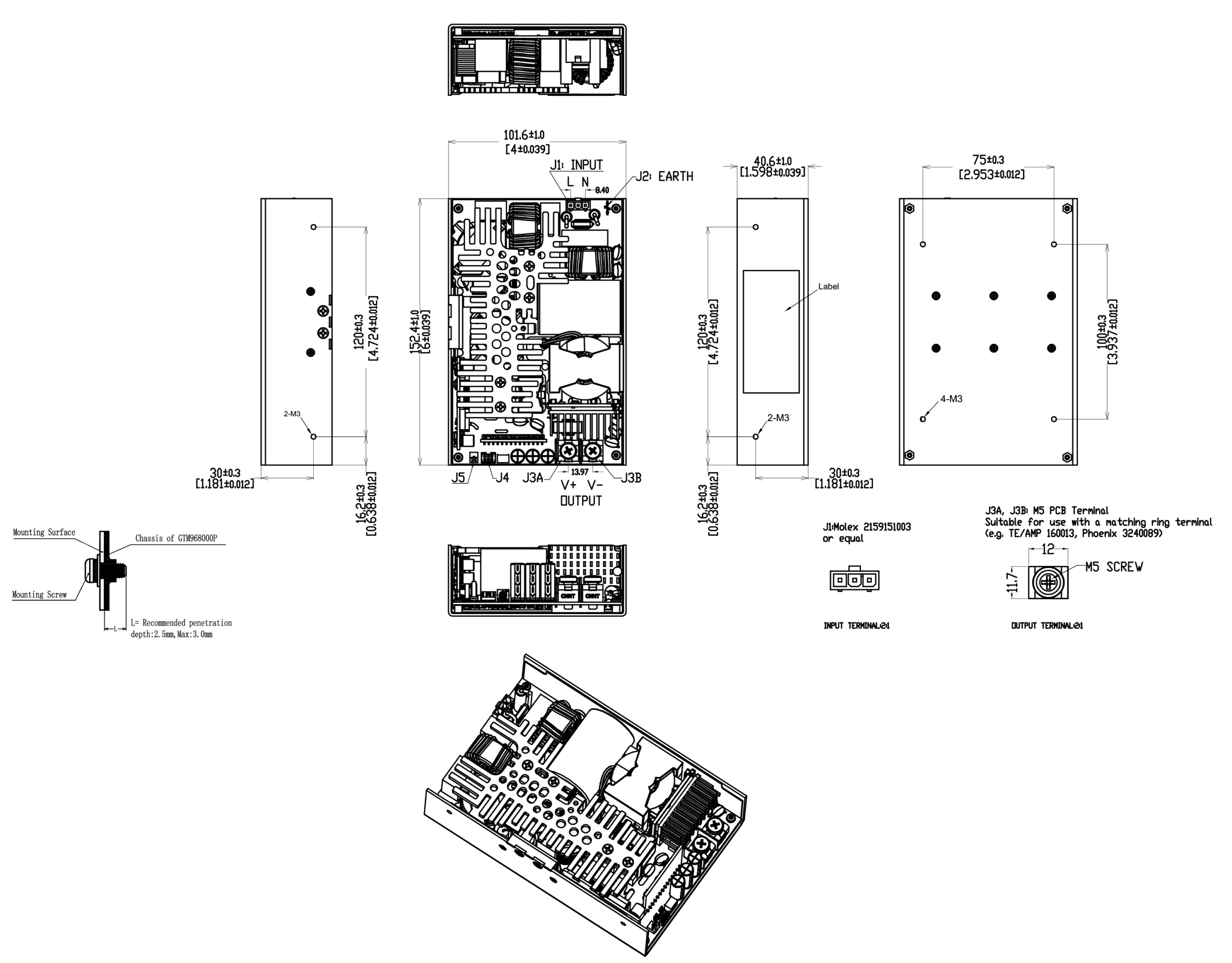 GlobTek GTM968000P-WWWVV-XX - Per installazione interna, versione Open Frame - 800 W - 12-48 V