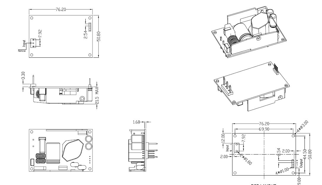 GlobTek GTM43007-AWWVV-FW (D2 without standoffs) - Per installazione interna, versione Open Frame - 60 W - 5-48 V